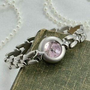 Silver Watch with Pink Bubble Dial